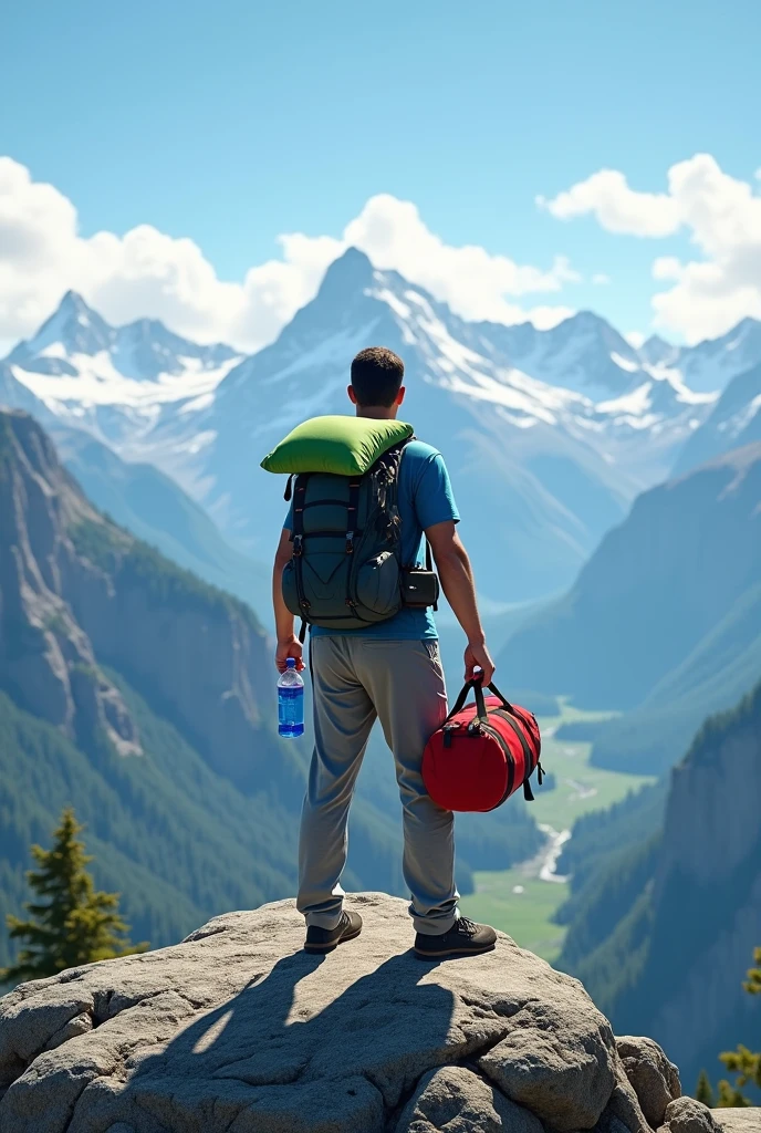A person stands on a rocky outcrop, overlooking a breathtaking mountain landscape. They wear comfortable gray sweatpants and a blue t-shirt, with a backpack equipped with a green sleeping pad rolled up on top. In one hand, they hold a bottle of water, while the other carries a red duffel bag. The scene captures a sense of adventure and exploration, with snow-capped peaks and lush valleys visible in the background under a clear sky.