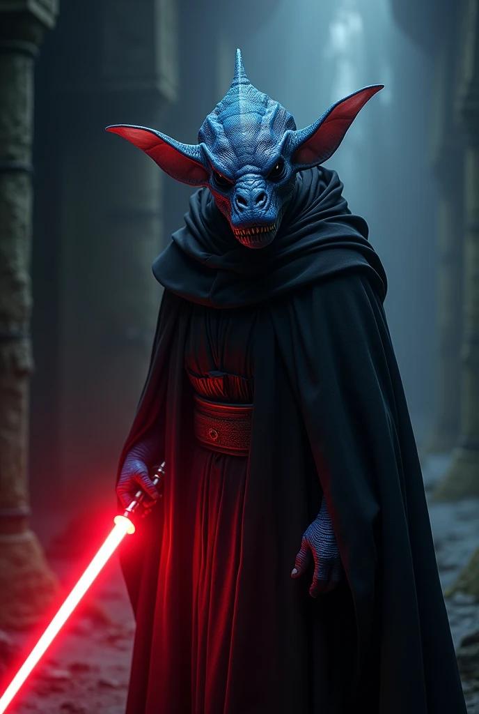 A Sith from Star Wars, blue scarred skin, mix of lizard and human with big ears, black cape, dark atmosphere, scary, terrifying, red lightsaber, ultra-realistic