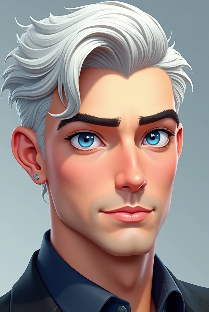 3 images of a realistic cartoon handsome man with blue eyes and whitish hair