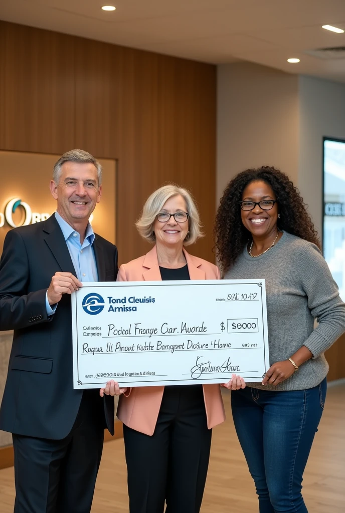 Make me a picture that represents three people holding a check from a Credit Bank 