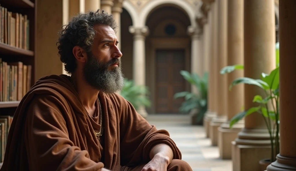 In a serene Roman library or tranquil garden, the male stoic philosopher is depicted in a contemplative pose. He is dressed in elegantly maintained tunics in earthy tones with subtle gold or copper accents. The camera captures a wide shot, showing him surrounded by ancient texts or seated in a lush garden with well-preserved Doric columns. Soft, ambient light enhances his thoughtful and serene demeanor. The deep depth of field keeps both the philosopher and the detailed Roman architecture in focus, symbolizing his journey towards wisdom and self-reconstruction after the betrayal.