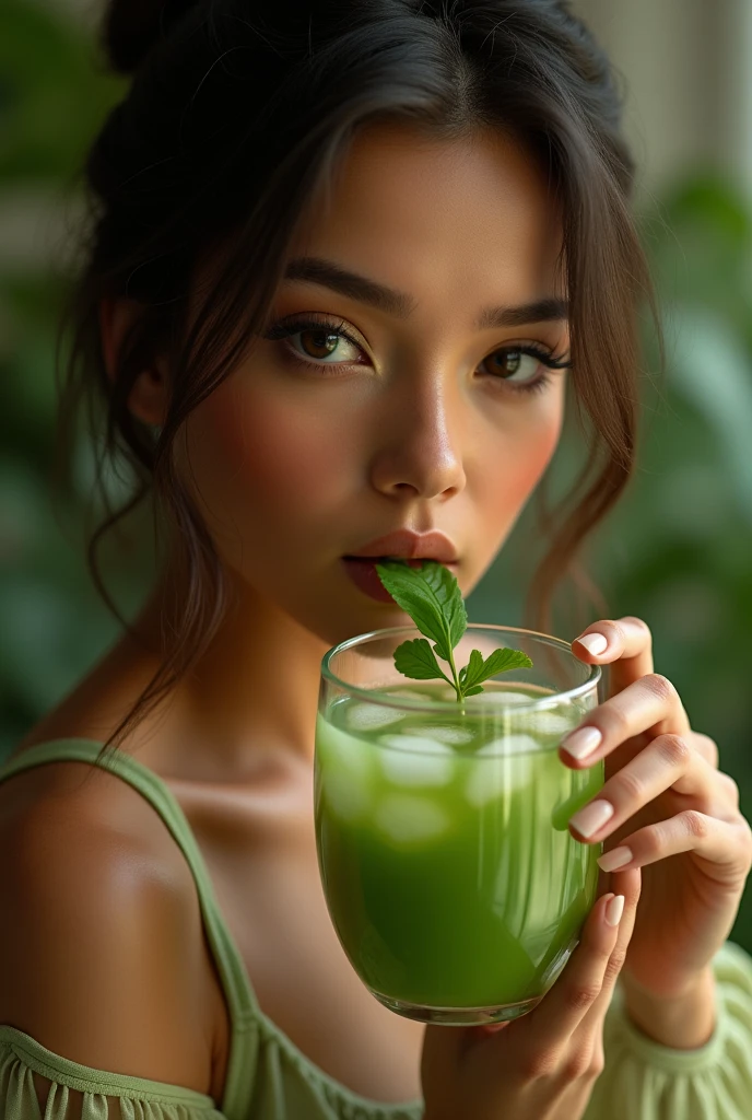 Sexy woman drinking moringa 