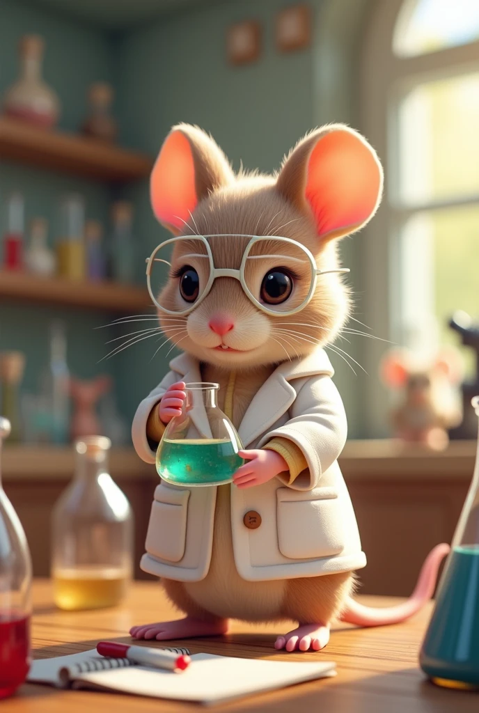 character: A rat from the Sylvanian Families company, Known for her adorable appearance and detailed lifestyle.
CLOTHES: She is dressed in a white robe, typical of a laboratory, that reaches to the knees. The robe has a couple of pockets on the sides., and carries some laboratory utensils, like a pen and a small notebook.
Accessories: The rat is wearing clear safety glasses, that rest on the top of their snout. In one hand, holds a glass flask with a vibrantly colored liquid, maybe blue or green, which suggests that he is working on a chemical experiment.
around: I could be standing in front of a laboratory table, with flasks and test tubes around, as well as a microscope and other laboratory equipment.
Expression: The rat's expression is concentrated, with a mix of curiosity and determination, as if in the middle of an important experiment.