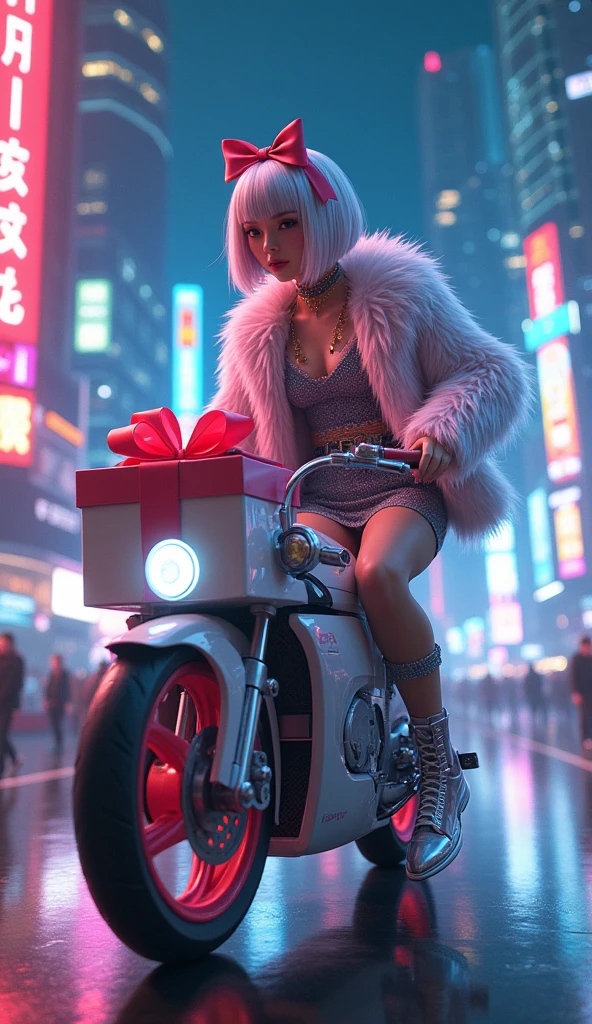 Absurd, The absolute solution, incredibly Absurd, High resolution, Super detailed, Official Art, unity 8k wallpaper, (Shine:1.6), break 1 girl, difficult, Silver pink bob hair, bow, Cyber Costume, Fur jacket, Grey Shirt, skirt, 真夜中の都会のNeon Light costume, boots, cyber belt, (Shine clothes:1.4), break (cyber punk:1.6), sf, Cyber City, Neon Light, High places, break carry white big suck, carry a large gift box, break riding cyber motorcycle, Ferris wheel, high speed, Speed Line, High quality epic, Very detailed, Very detailed肌, Amazing detail, Surreal, 非常にHigh resolution, Hyperrealistic