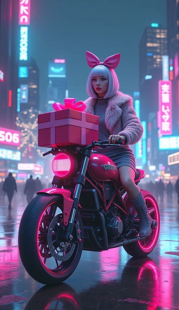 Absurd, The absolute solution, incredibly Absurd, High resolution, Super detailed, Official Art, unity 8k wallpaper, (Shine:1.6), break 1 girl, difficult, Silver pink bob hair, bow, Cyber Costume, Fur jacket, Grey Shirt, skirt, 真夜中の都会のNeon Light costume, boots, cyber belt, (Shine clothes:1.4), break (cyber punk:1.6), sf, Cyber City, Neon Light, High places, break carry white big suck, carry a large gift box, break riding cyber motorcycle, Ferris wheel, high speed, Speed Line, High quality epic, Very detailed, Very detailed肌, Amazing detail, Surreal, 非常にHigh resolution, Hyperrealistic