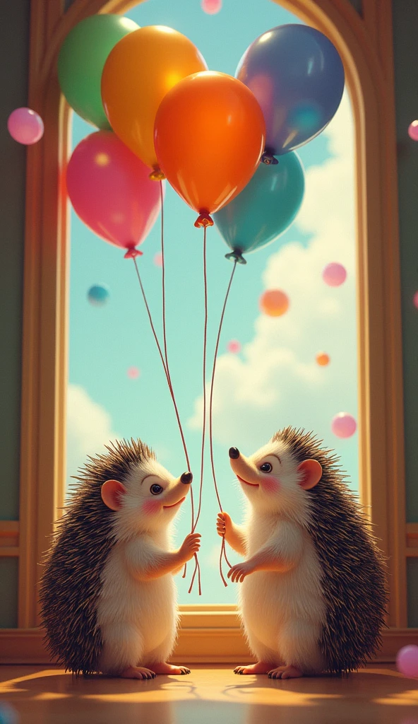 Hedgehogs、To realize your dream, first look around your house.、I started thinking about ideas for flying.。What caught my eye was、Colorful balloons。Hedgehogs「This is it！」And inspiration、Next big balloon々And started to inflate it.。When the room is filled with balloons、Hedgehogsそれらを自分にしっかり結びつけ、I look up to the sky with hopeful eyes。