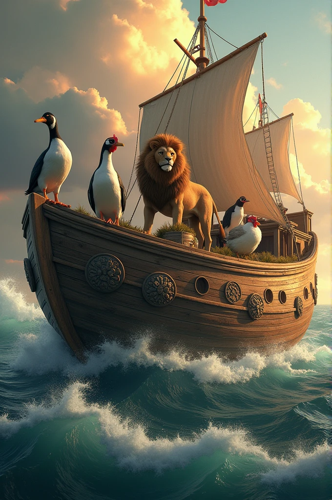 An ark a lion a duck a rooster a penguin a chicken
