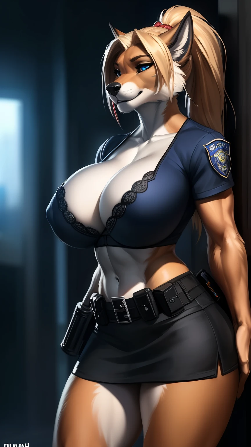 Draft Sketch (nsfw)))), uploaded the e621, beautiful and detailed, (((female))) ((anthro)) werewolf, Ross Tran, by ruan jia, by zaush, by foxovh, lighting cinematic, seductor, werewolf, thighighs, (huge chest) foxovh 1girls ai_generated masterpiece:1.2, best quality, realistic, (real picture, intricate details, depth of field), beautiful blonde woman, she has striking blue eyes, highly-detailed, perfect face, (huge :1.3), (skindentation), thick thighs, wide hips, small waist, tall, (huge ass:1.1blushing, sexy, wear tight slim tiny erotic policeress, nsfw ponytail hair, hair black with highlights red, ponytail fishnet red in bouth legs completly (police t-shirt) (police-mini-skirt) (police-bra) (logo-police-clothes), holding a gun and pointing at camera