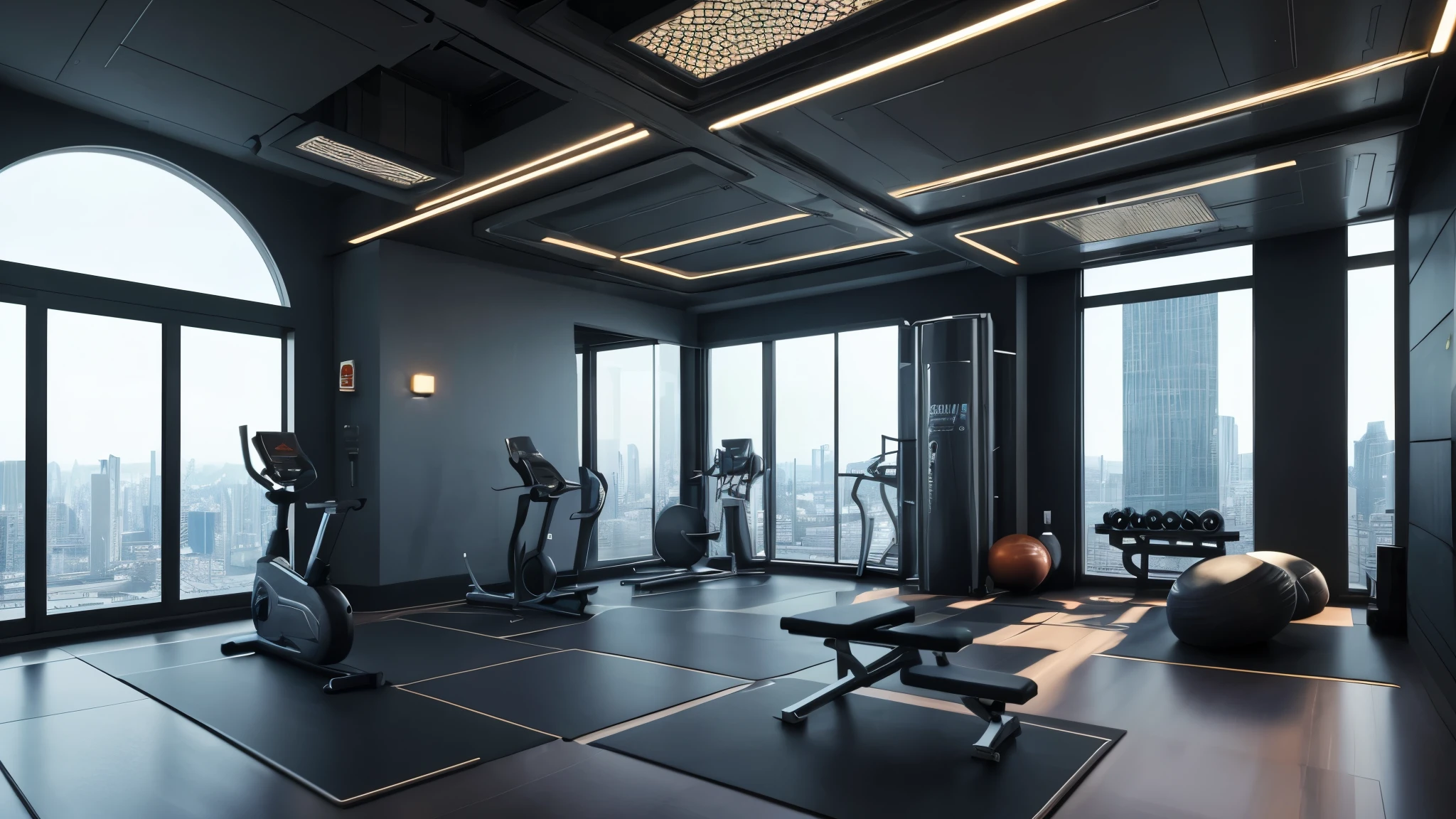 scifi, futuristic home gym, architectual, space design, cyberpunk, futuristic, hightech, hard-surface design, daylight, much tech, much electronic, very cozy, ambient light, realistic view, wide angle, year 2124