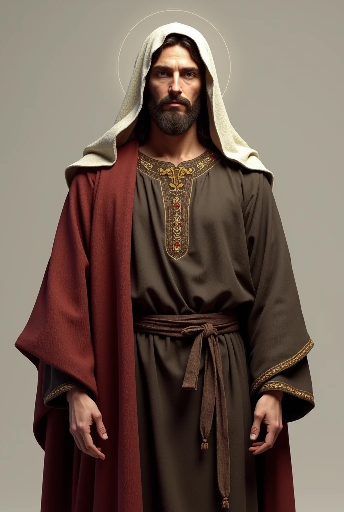Create a realistic image of Jesus, in full body, wearing a rustic tunic in dark brown with details on the collar, a wine red cloak with sleeves, a rope tied to the waist and a veil on the head wrapped around the neck, in white.
