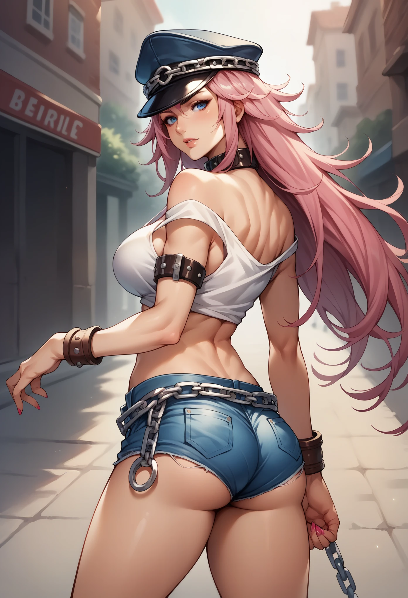 score_9, score_8_up, score_7_up, BREAK, score_9, 1girl, pink hair, long hair, peaked cap, collar, tank top, midriff, silver bracelet, off shoulder, nail polish, denim shorts, brown bracelet, armlet, chain belt, pumps, blue eyes, looking at viewer, cowboy shot, ass, from behind, street