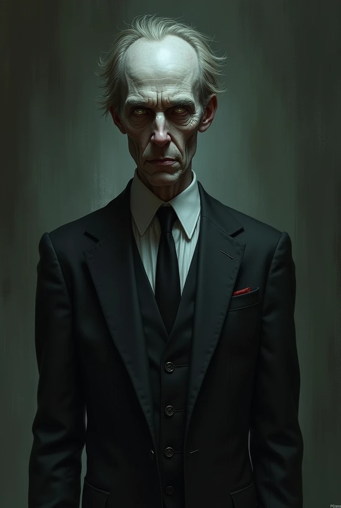 Create art for a villain in a movie I&#39;m creating.

He has short hair, the skin on your body is extremely pale, his left eye has cataracts and he is wearing suits and has a creepy smile. Make art convey your villainous and psychopathic nature.