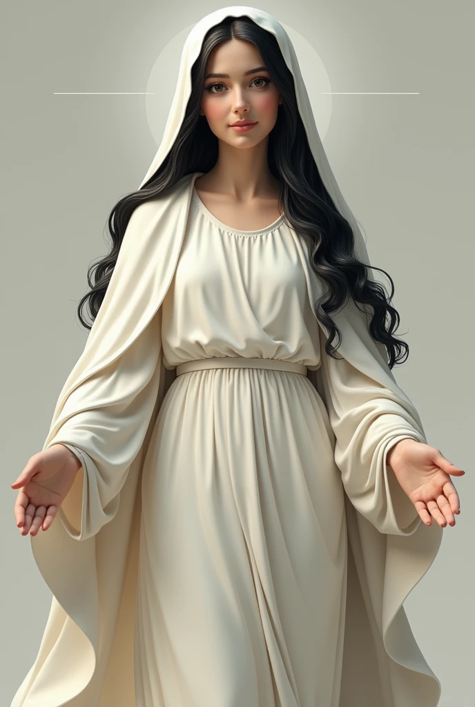 A Virgin Mary with her white tunic and veil, very smiling, with her beautiful look, black eyes, his arms outstretched , her black hair