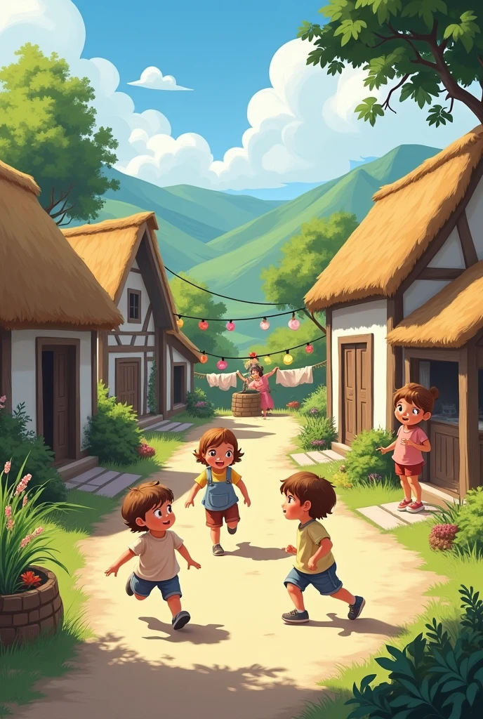 Children playing in a village, while adults are engaged in various tasks."