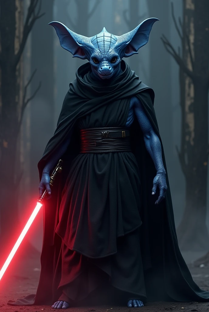 A Sith from Star Wars, blue scarred skin, mix of lizard and human with big ears, black cape, dark atmosphere, scary, terrifying, red lightsaber, ultra-realistic