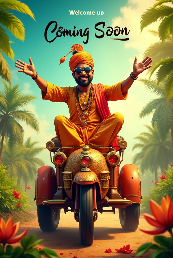 Make poster for Onam were mavali sitting on mastang car and he is welcomeing onam he wears a sun glass. Top of the poster write comming soon in style handwriting
