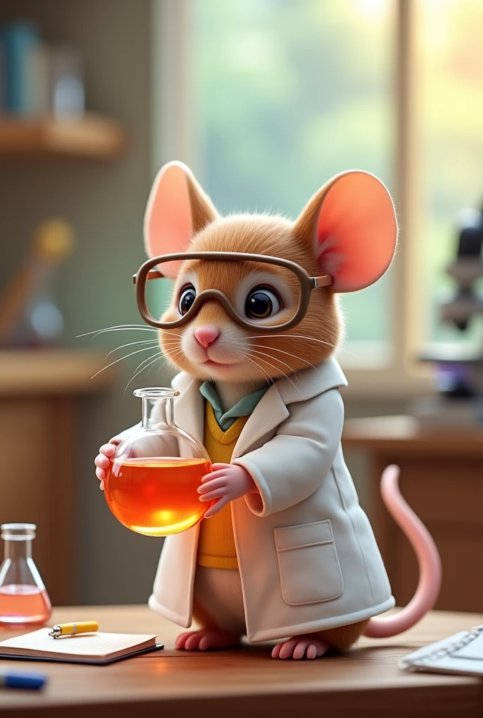 character: A rat from the Sylvanian Families company, Known for her adorable appearance and detailed lifestyle.
CLOTHES: She is dressed in a white robe, typical of a laboratory, that reaches to the knees. The robe has a couple of pockets on the sides., and carries some laboratory utensils, like a pen and a small notebook.
Accessories: The rat is wearing clear safety glasses, that rest on the top of their snout. In one hand, holds a glass flask with a vibrantly colored liquid, maybe blue or green, which suggests that he is working on a chemical experiment.
around: I could be standing in front of a laboratory table, with flasks and test tubes around, as well as a microscope and other laboratory equipment.
Expression: The rat&#39;s expression is concentrated, with a mix of curiosity and determination, as if in the middle of an important experiment.
