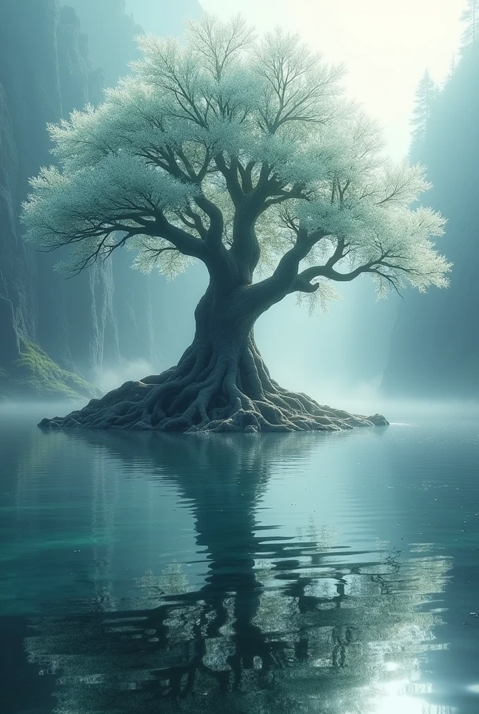 A grand, ancient tree with leaves of clear crystal, standing at the center of a shimmering lake. The tree’s roots extend deep into the water, which reflects the tree’s beauty and the surrounding landscape. The air around the tree is filled with a gentle, radiant light, and the tree exudes an aura of timeless wisdom and magic. The lake’s surface is smooth, like a mirror, capturing the tree’s majestic presence.