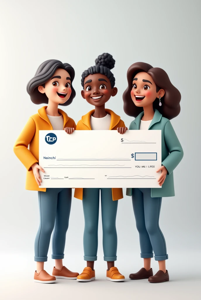 Make me a picture that represents three people holding a blank check from a Credit Bank