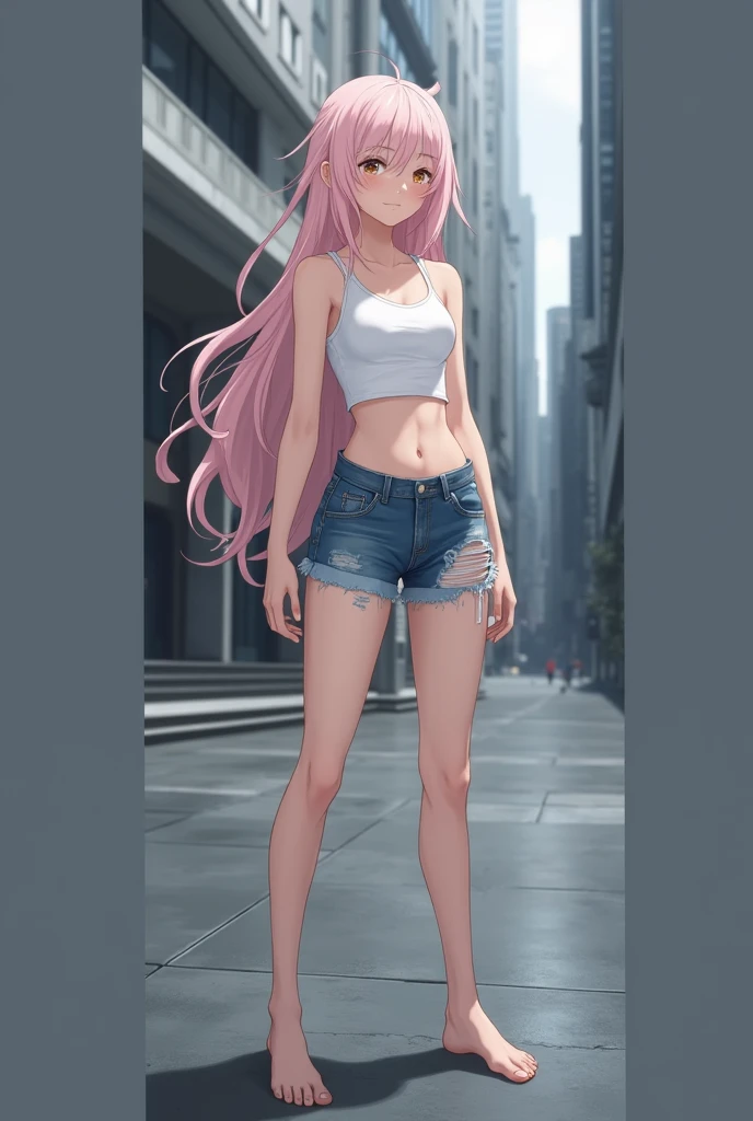 (girl),young,(masterpiece,Highest quality),Slender,Flat Chest,Light pink hair,long hair,camisole,stomach,Belly button,Damaged Denim Shorts,Micro Denim Shorts,barefoot,Forward tilt,In the city in the near future
