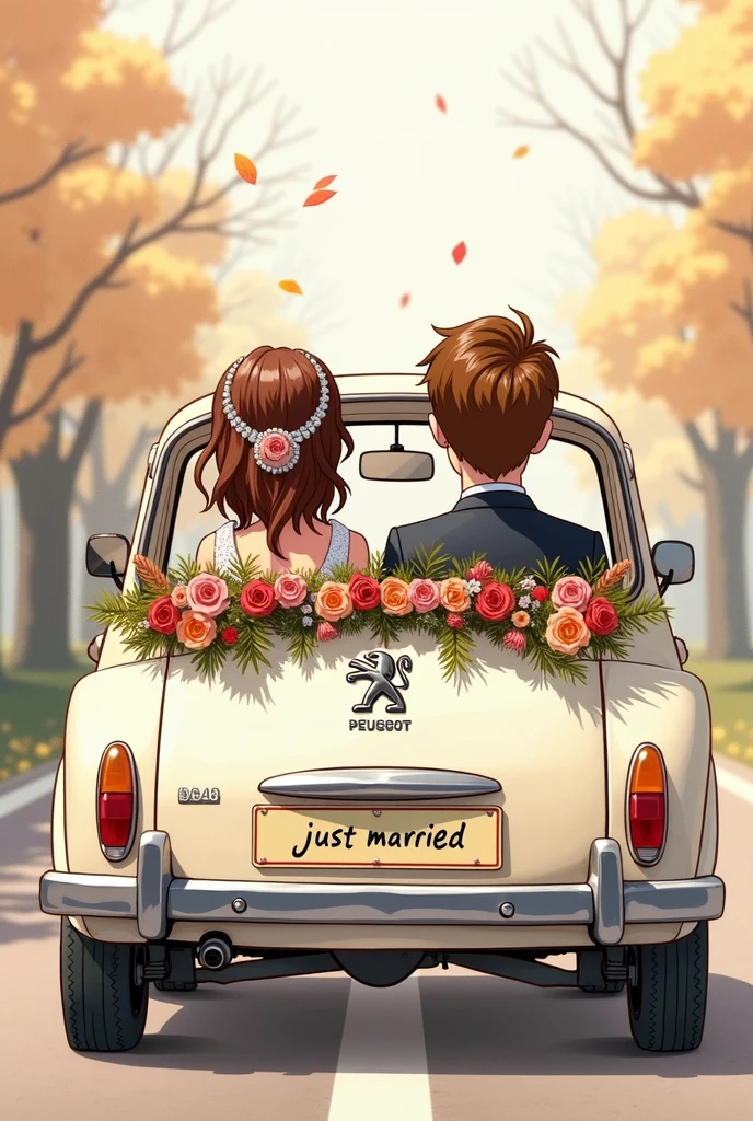 A drawn picture. Bride and groom sitting in a wedding car. Bride and groom have brown hair. You can see them through the rear window of the car. The car is a Peugeot with Peugeot logo and decorated with flowers. The license plate says “just married”