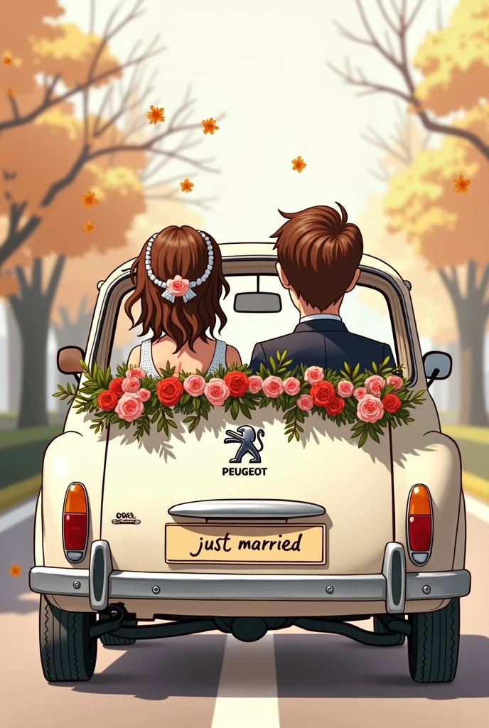 A drawn picture. Bride and groom sitting in a wedding car. Bride and groom have brown hair. You can see them through the rear window of the car. The car is a Peugeot with Peugeot logo and decorated with flowers. The license plate says “just married”