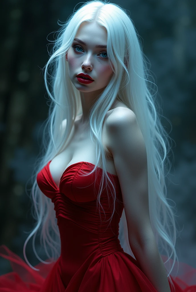 a girl who has pearl white skin like vampires, divine beauty, siren eyes, blue ocean eyes, long lashes, arched eyebrows, darkened gaze, pointed nose, natural red lips, sharp jawline, long silver shiny straight hair, ethereal glowing skin, hourglass body, wearing cherry red gown that holds her body and curves perfectly. Dark ethereal background.