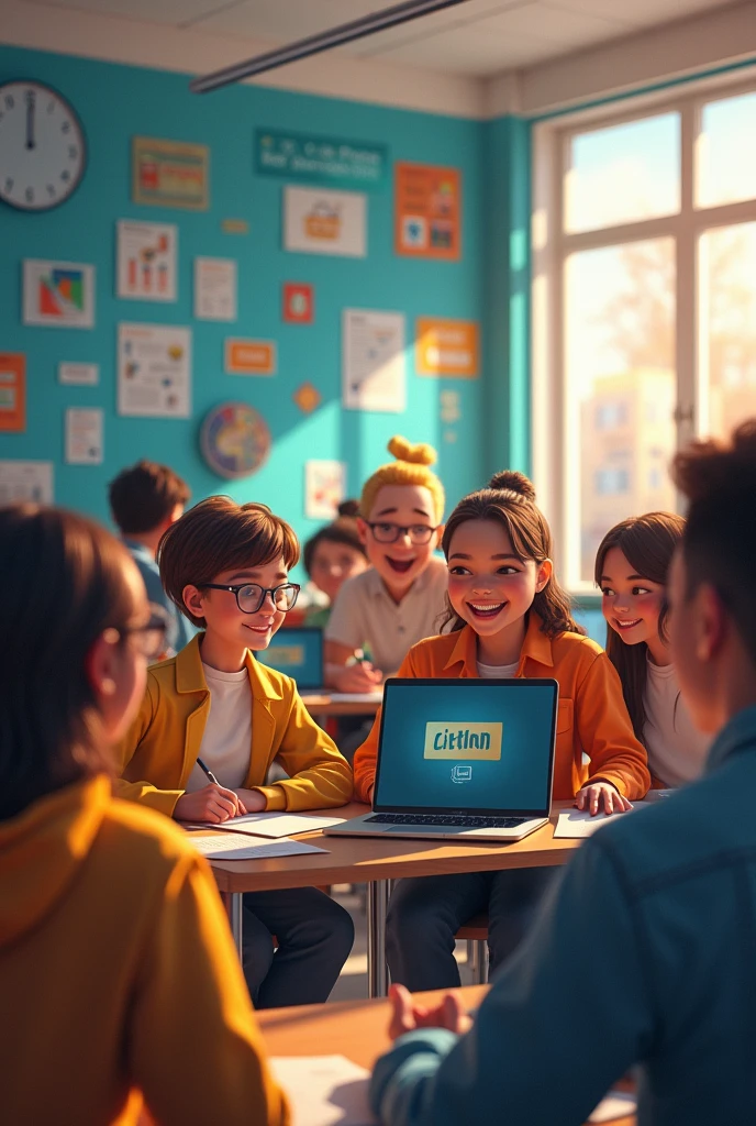 Many rooms with computers, teachers standing and teaching, students talking, signs for the Computer Technology department, students smiling and laughing, happy.


