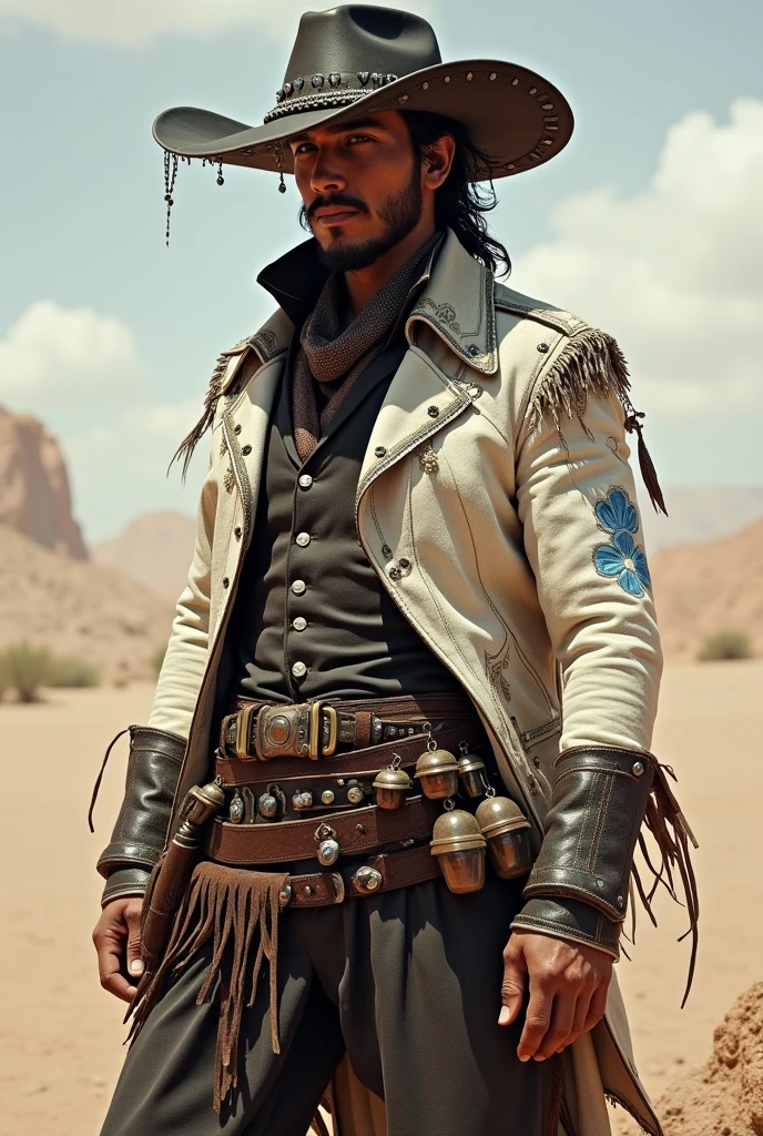 hat: Captain Dry Wind wears a wide-brimmed leather hat, typical of bandits, but with a distinct design. The hat is made of dark leather, with reinforced edges and decorated with small metal chains that create a soft tinkling sound in the wind. Instead of feathers, It has small mirrors or crystals that reflect light and create a sparkling effect., evoking the idea of a distant storm.
Clothing: He wears a sturdy, ornate white leather jacket., similar to those of the cangaceiros, but with unique details. The jacket is decorated with light blue and silver embroidery that simulates cloud and lightning patterns., and has a high collar that helps protect against the wind. The bottom of the jacket has a series of leather strips that imitate fringes and add movement to your look..
Pants and Boots: The pants are wide and made of dark leather., with buckles and metallic ornaments that stand out. The boots are high and reinforced, made to withstand the arid terrain, with traction pattern rubber soles. The boots have metal details, like small clasps or plates, that add a touch of robustness and protection.
canons: He has a machete Belt and Accessories: The leather belt is wide and detailed, with metal buckles and compartments for ammunition and tools. He carries small vials and charms that appear to contain weather elements., like dust or crystals.
Posture and Expression: Captain Vento Seco has an imposing and confident posture, with an expression that mixes determination and a touch of coldness, reflecting his control over the environment and his leadership among the cangaceiros.