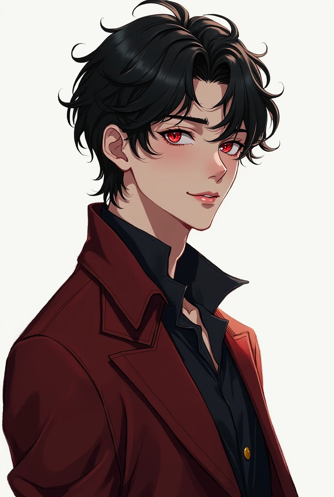 show me handsome manhwa boy.black hair with red eyes. full body.with shy and cute smile. 25year boy