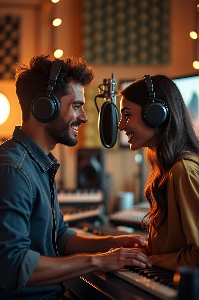 Man and woman wearing music headphones in a studio recording a music duet and happy