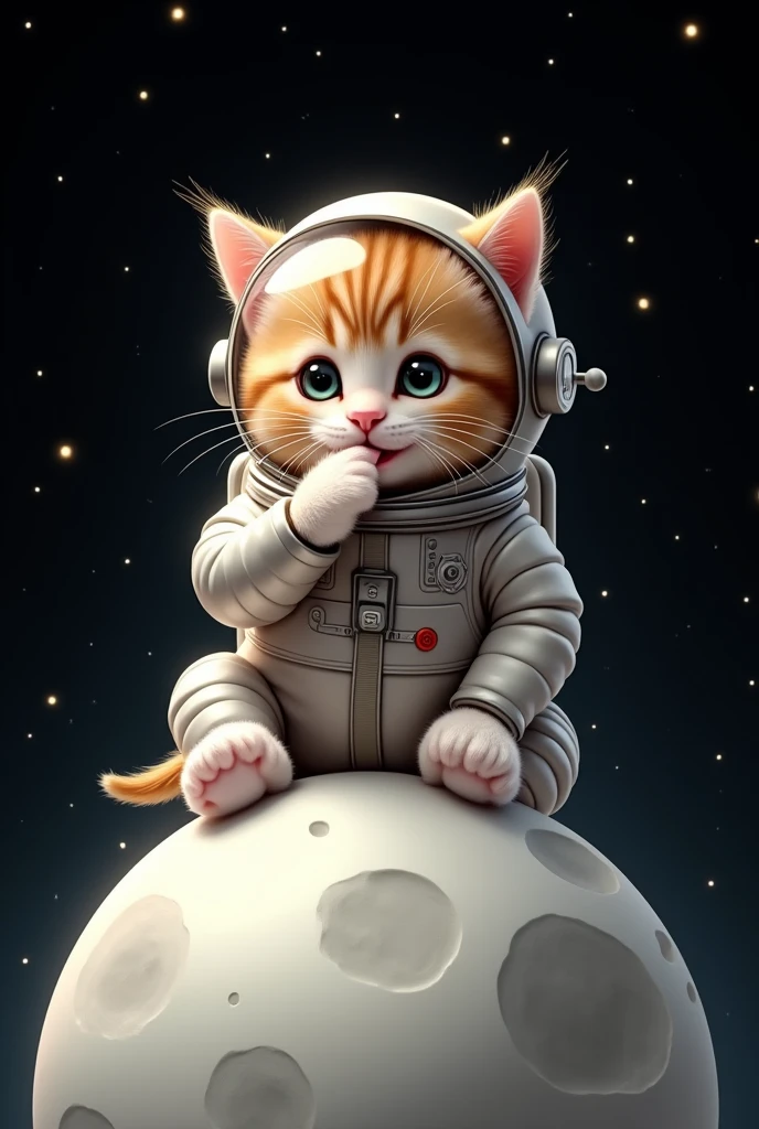 An adorable kitten wearing a shiny astronaut suit with a clear helmet, sitting above a stylized white moon while licking his paw. The moon has craters and textures, and the background is a deep black with stars in the distance, creating a contrast that makes both the cat and the moon stand out. The cat has an expressive face, with glowing cat eyes visible through the helmet visor. The spacesuit has a metallic look with a tube attached, and the image as a whole is designed in a whimsical way, Charming style. Foreground image
