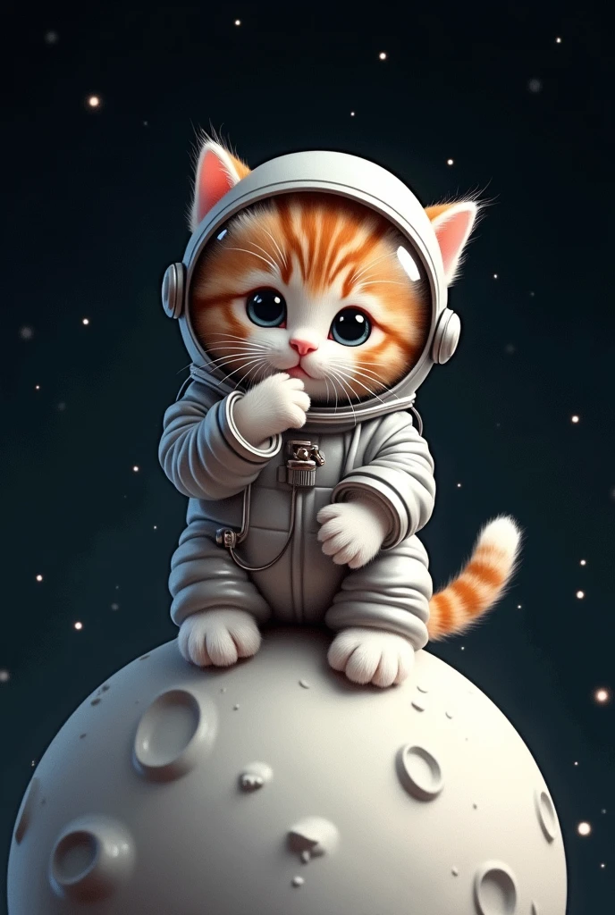 An adorable kitten wearing a shiny astronaut suit with a clear helmet, sitting above a stylized white moon while licking his paw. The moon has craters and textures, and the background is a deep black with stars in the distance, creating a contrast that makes both the cat and the moon stand out. The cat has an expressive face, with glowing cat eyes visible through the helmet visor. The spacesuit has a metallic look with a tube attached, and the image as a whole is designed in a whimsical way, Charming style. Foreground image
