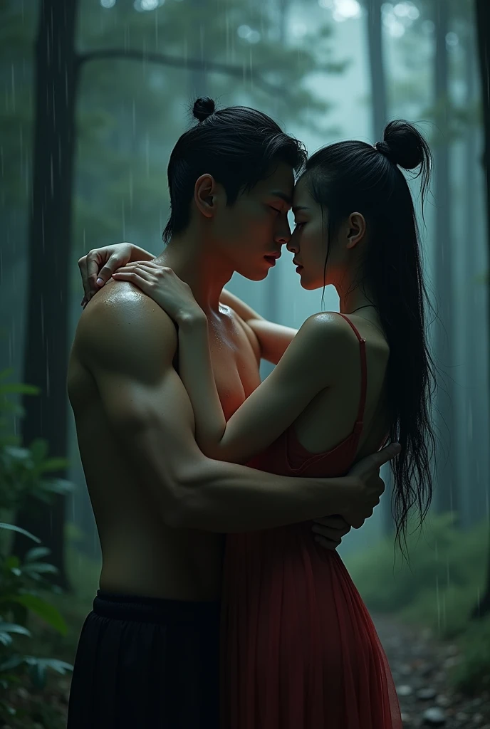 best quality,4K,8ก,high resolution,table top:1.2,very detailed,(realistic,realistic,Virtual image:1.37),,ภาพวาดที่very detailed,Sharp focus,Physical rendering,คำอธิบายรายvery detailed,professional,Lee Sawang,A young woman with fair skin and a Chinese Hanfu face., Exhausted from the young men who were engrossed in her maidenly hills;Her body was found by a young man in the forest at dusk.. A young man lifted her up and placed her on his waist in front of her.. A 39 year old young man;Her naked body is like that of the Chinese Tang Dynasty.. The atmosphere was dark with only the light of the moon shining through.. The two hugged and stared at each other.'Eyes with a face full of passion. There is light rain., She soaked her whole body., Attached to her body, Revealing a young woman'proportion, All the clothes came off.. The data shows the mouth opening in front of the penis, the two naked bodies