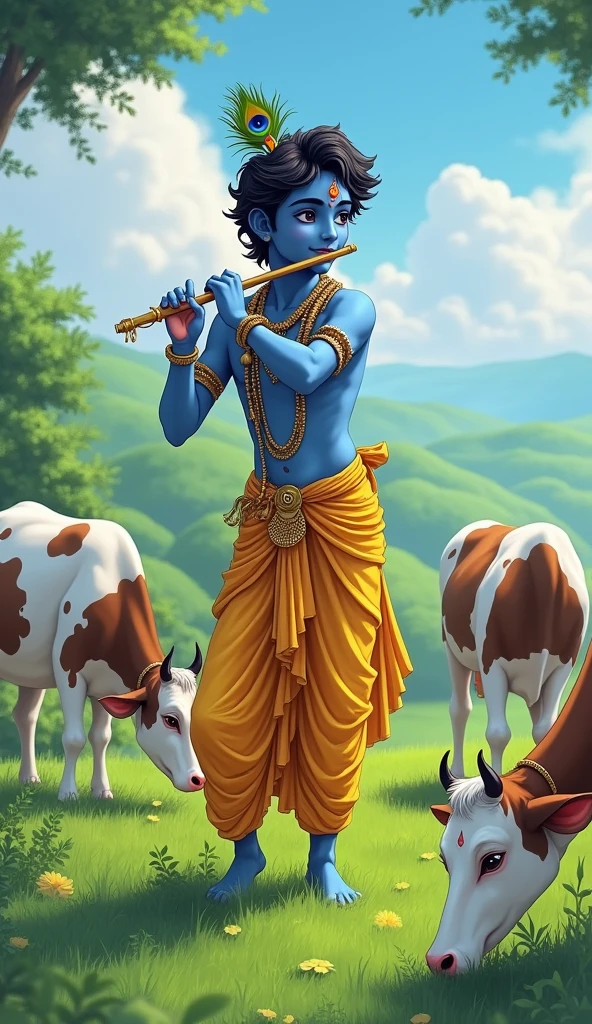Anime-style Lord Krishna in a yellow dhoti, playing the flute in a green field with cows."