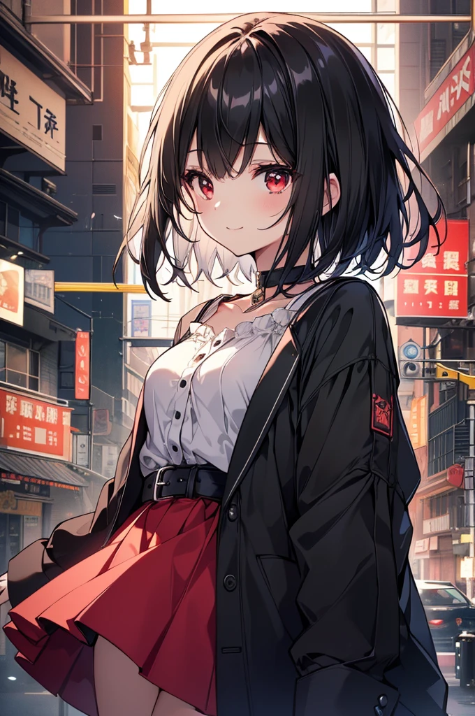 (masterpiece, highest quality, highest quality, (No text), Beautiful and aesthetic:1.2),No text,アニメ、BREAK,One Girl，Black Hair Girl　short hair　older sister　choker　Tree Eyes　Beautiful eyes　Red eyes　cool　smile　Red and Black　Black jacket　mini skirt　whole body　In town
