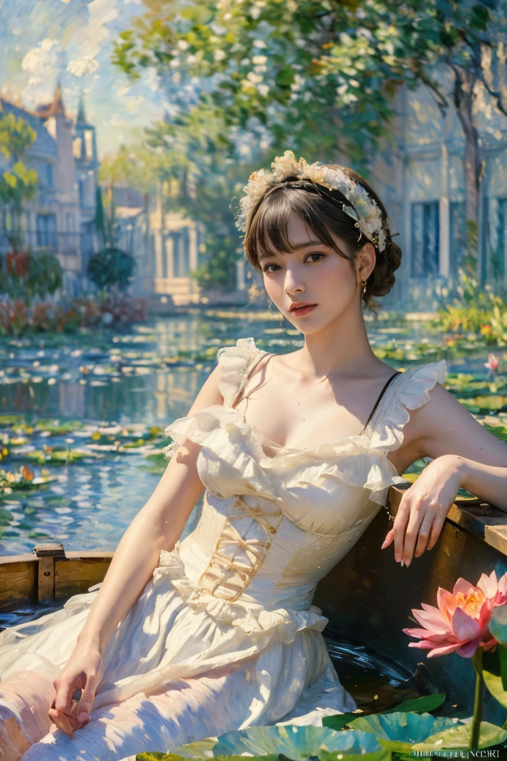 ((masterpiece:1.4, Highest quality)), (Realistic photos:1.4),
((1 person)), (Otherworldly beauty), (dream-like),
(超High resolution:1.2), Very delicate and beautiful, wonderful, Very detailed CG Unity 8k wall paper, Very detailed, High resolution,
Soft Light, Beautiful detailed, Very detailed eyes and face, Beautiful and detailed nose, Beautiful and detailed,
(Dressed in late 19th century French costume:1.3), (Get on a small boat), (night), (Monet's Lotus Pond),
Cinema Lighting, Perfect Anatomy, Slender body, (Parted bangs),
(The world of impressionist painting:1.5), (Impressionist light and colour), (「water lily」),
Cowboy Shot