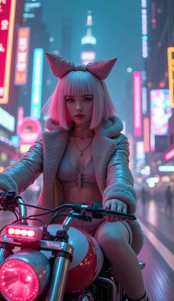 Absurd, The absolute solution, incredibly Absurd, High resolution, Super detailed, Official Art, unity 8k wallpaper, (Shine:1.6), break 1 girl, difficult, Silver pink bob hair, bow, Cyber Costume, Fur jacket, Grey Shirt, skirt, 真夜中の都会のNeon Light costume, boots, cyber belt, (Shine clothes:1.4), break (cyber punk:1.6), sf, Cyber City, Neon Light, High places, break carry white big suck,  break riding cyber motorcycle, Ferris wheel, high speed, Speed Line, High quality epic, Very detailed, Very detailed肌, Amazing detail, Surreal, 非常にHigh resolution, Hyperrealistic
