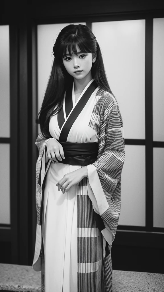 A young woman from the 1980s with stylish one-length long hair. Create a black and white vertical image. The overall mood is 1980s. Showa-era retro kimono.