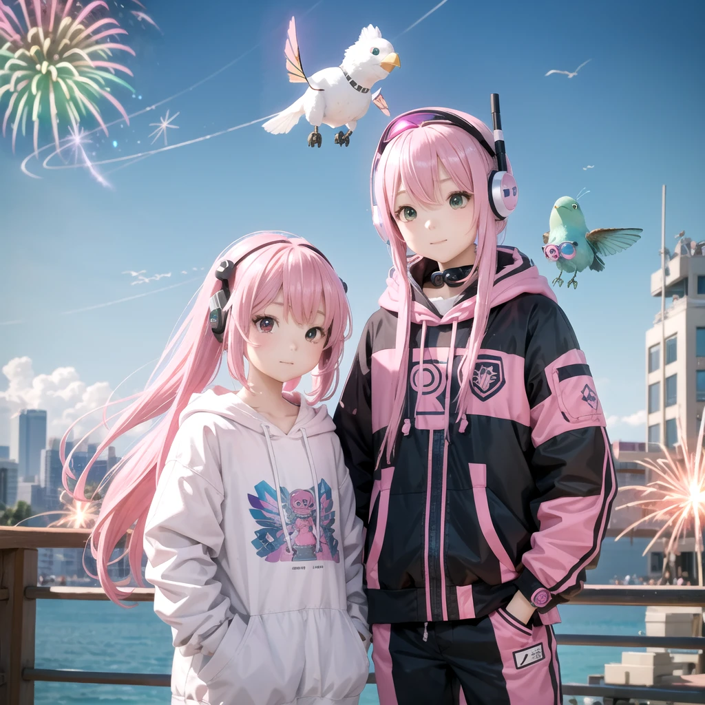 Pink haired 、vr goggles、Aurora、Humanoid Robot、Summer vacation、homework、hot summer、Drone in the sky、firework、future、2050、Afutureの世界、cyber-、Robot Dog、robot bird、Robot Cicada