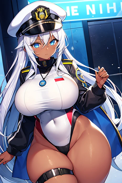 1girl, dark skin, dark-skinned female, police uniform, police, white hair, long hair, blue eyes, police hat, huge breasts, wide hips, thick thighs, policewoman, futuristic, neon trim, science-fiction, machinery, tech, blue trim, glowing eyes, toned female, toned, cute face, mature female, neon, one-piece swimsuit, competition swimsuit, medal, black swimsuit, badge, police badge, ((badge))