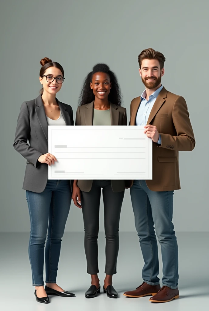 Make me a picture that represents three real people holding a blank check
