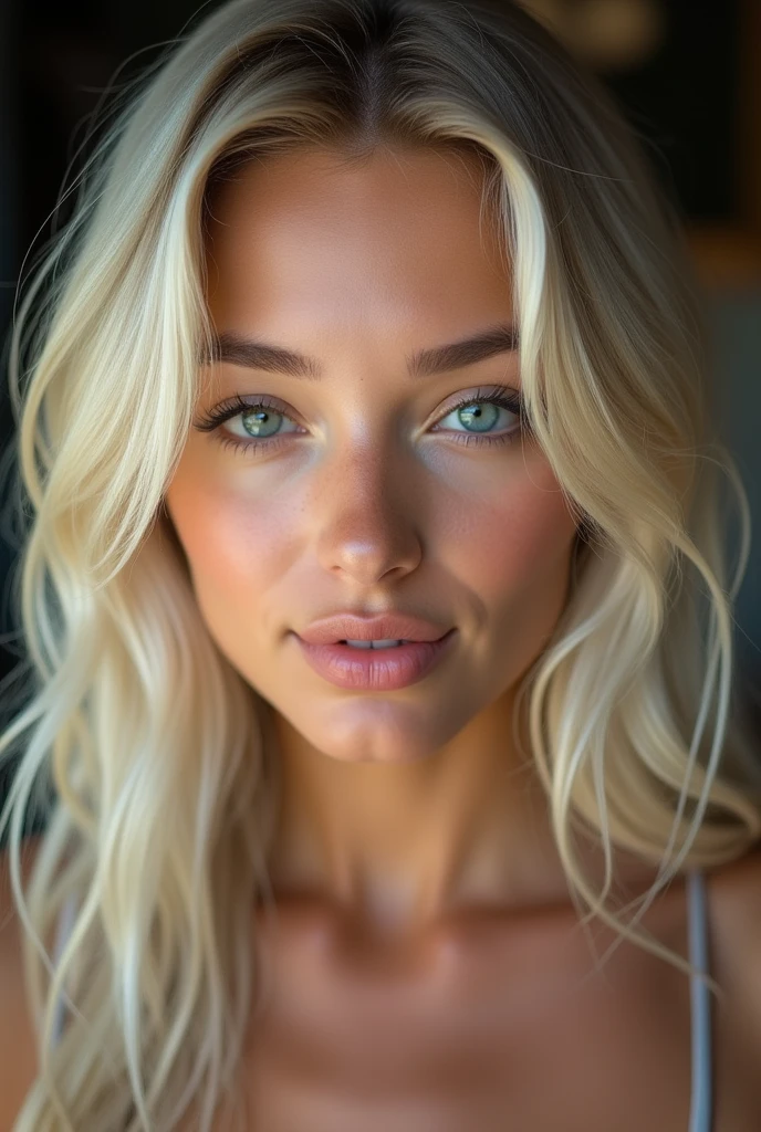 A highly realistic close-up portrait of a young woman with platinum blonde, wavy hair cascading over her shoulders. The focus is on her face, capturing her expressive light-colored eyes, well-defined cheekbones, and natural pink lips. She is slightly smiling, with her face directly facing the camera. The lighting is soft and diffused, highlighting her facial features and giving her skin a smooth, golden-tanned glow. The background is blurred and dark, emphasizing the sharpness and details of her face.