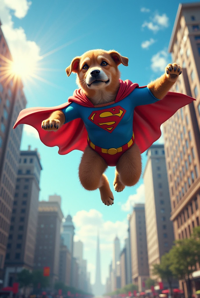 Flying dog with supperman suit