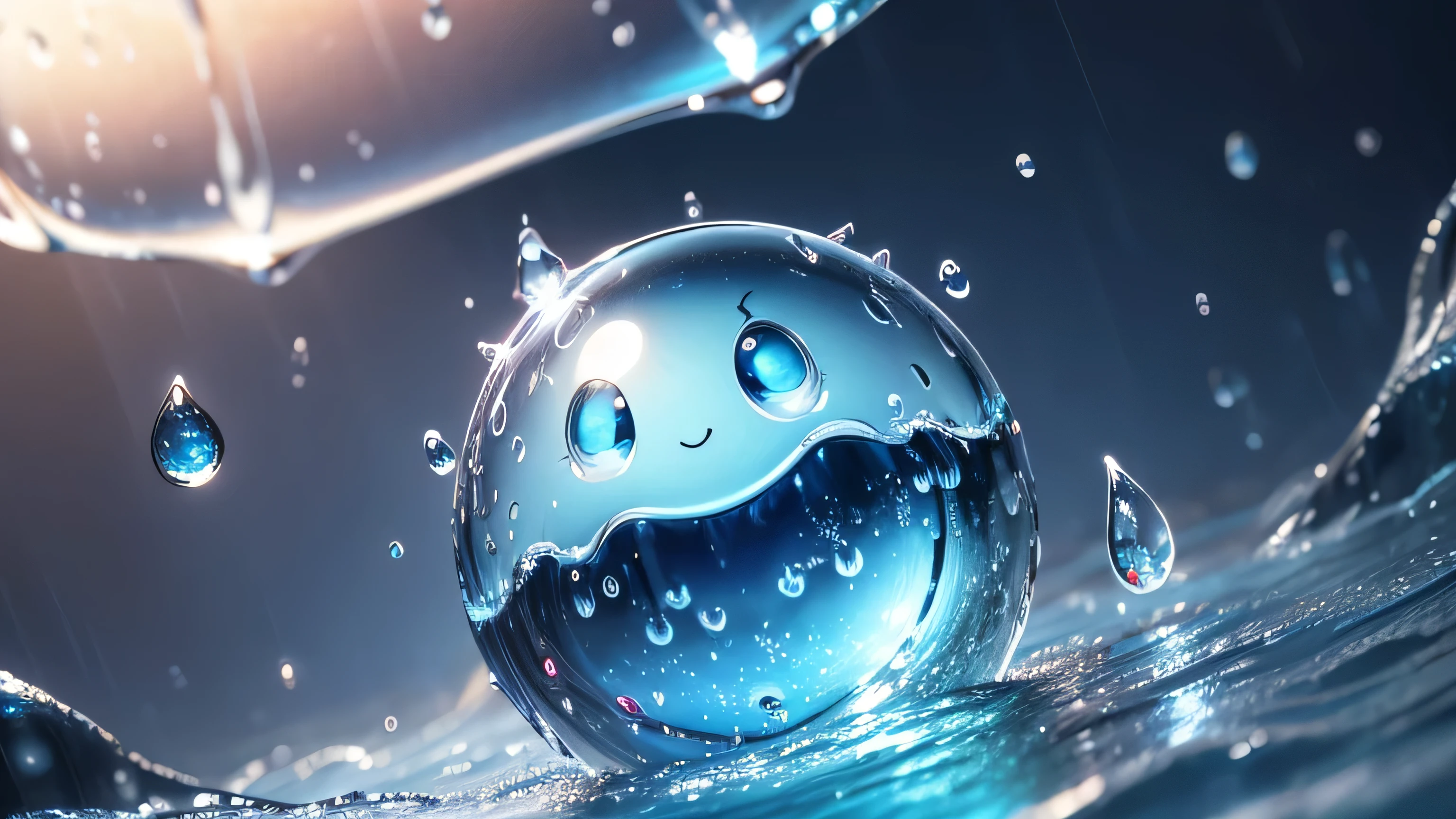 arafed blue water drop with a smiling face surrounded by clouds, raindrop, drops, cute 3 d render, adorable digital painting, drop of waters, drops are falling from above, character is covered in liquid, cute! c4d, raining!, rainy day. game render, drops of clean water, condensation droplet render, water droplet