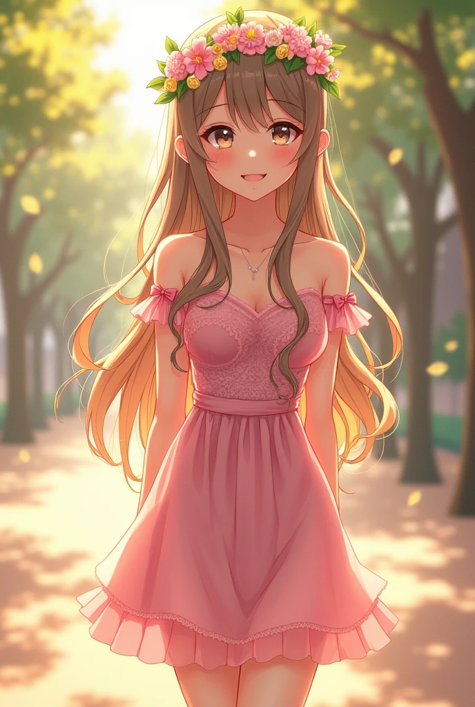 Ultra high quality,High heel,Long legs,Smile,Sunlight,Lace off-the-shoulder,Short pink dress,Wear flowers on your head,student,charming,Ribbon,whole body