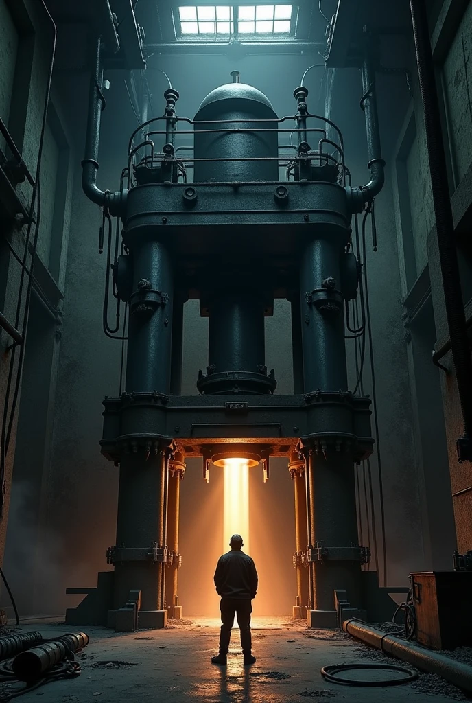A hydraulic press in 1989 , made of dark and heavy metal, with shiny cylinders and pistons. Hatherley watches her cautiously, while the shadows in the basement seem to lurk. Tubes and mechanisms surround the machine, giving it an industrial and dangerous air. REMEMBER WE ARE IN THE YEAR 1989



