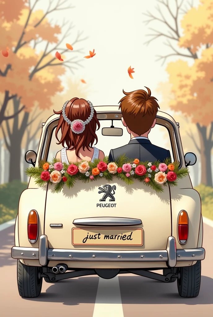 A drawn picture. Bride and groom sitting in a wedding car. Bride and groom have brown hair. You can see them through the rear window of the car. The car is a Peugeot with Peugeot logo and decorated with flowers. The license plate says “just married”