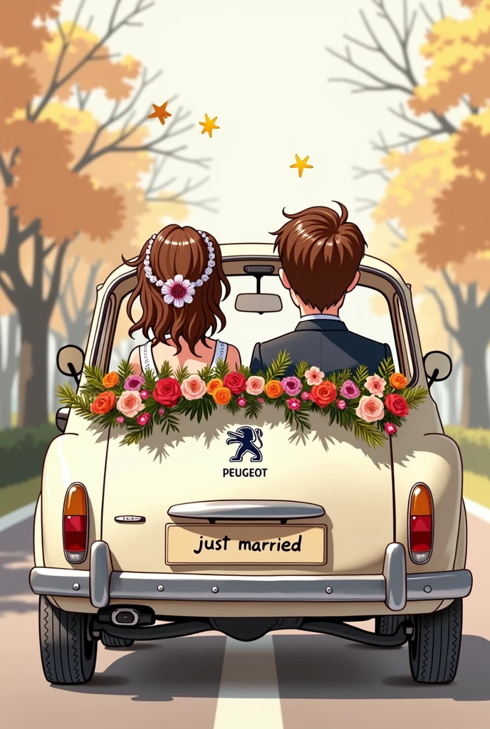 A drawn picture. Bride and groom sitting in a wedding car. Bride and groom have brown hair. You can see them through the rear window of the car. The car is a Peugeot with Peugeot logo and decorated with flowers. The license plate says “just married”