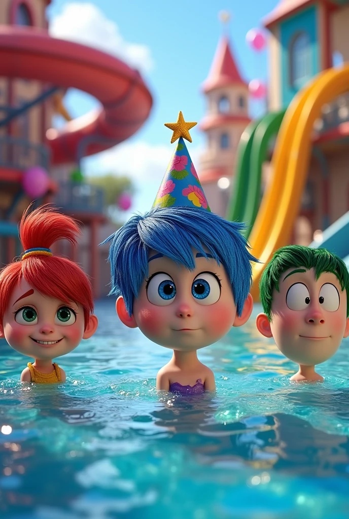 Create images from the movie Inside Out 2 in a pool with slides in the background and with a birthday theme